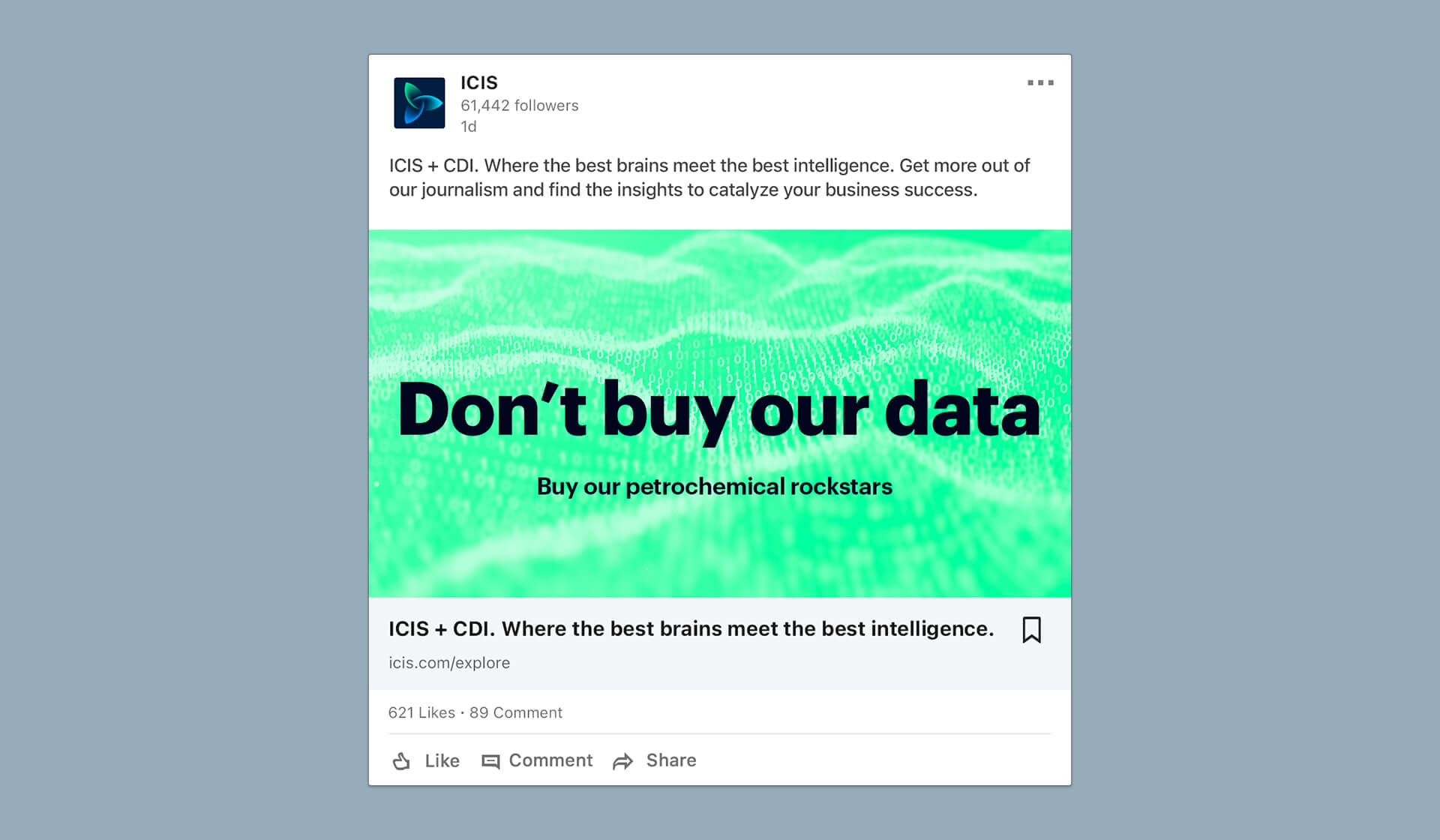 ICIS - Don't Buy Our Data - Mellor&Smith - B2B Ad Campaign - Social Media - B2B LinkedIn Campaign Demand Gen